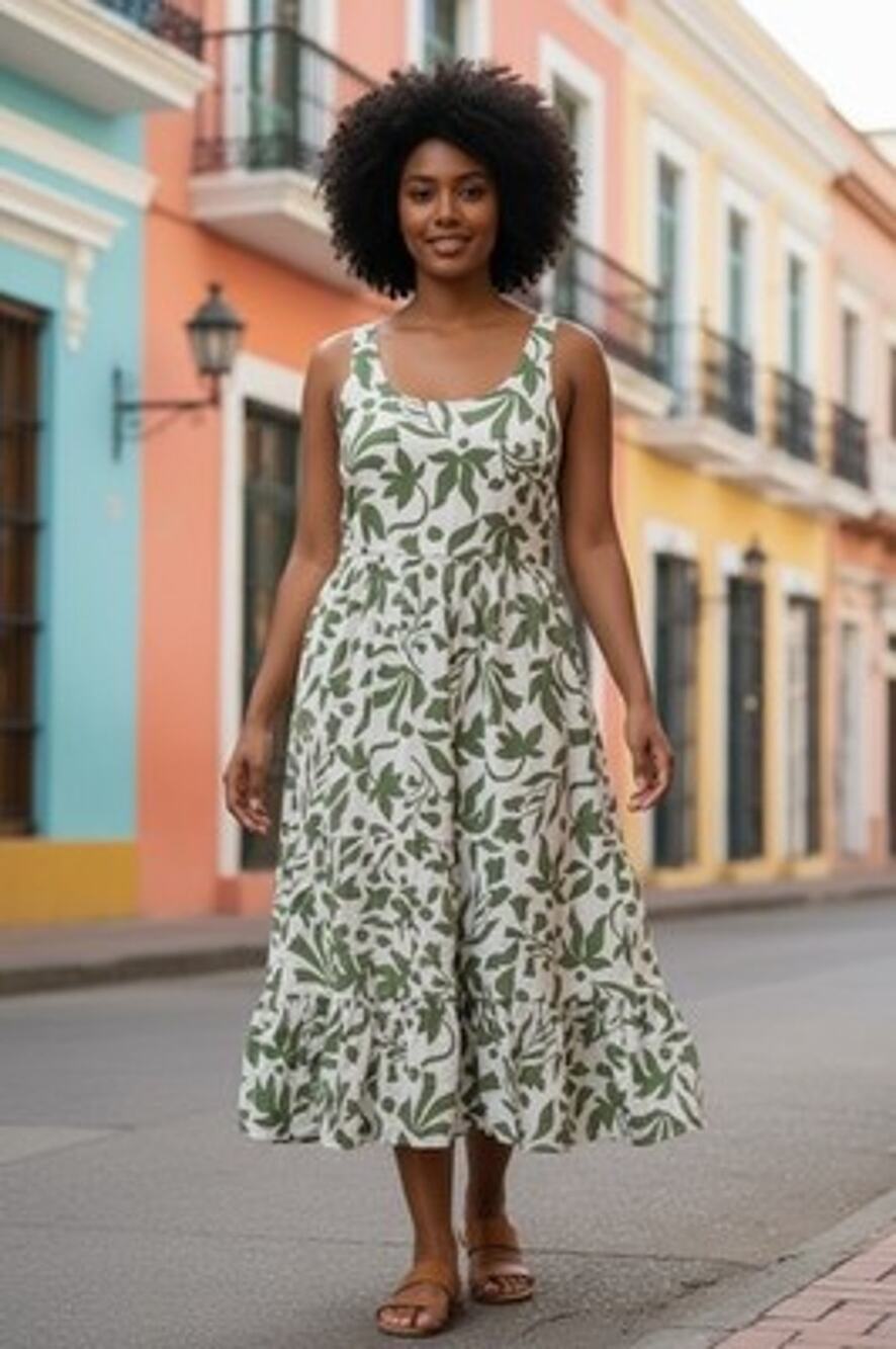 Tie Back Midi Dress Green White Floral Lined Tired Cottage Prairie Plus Size 22